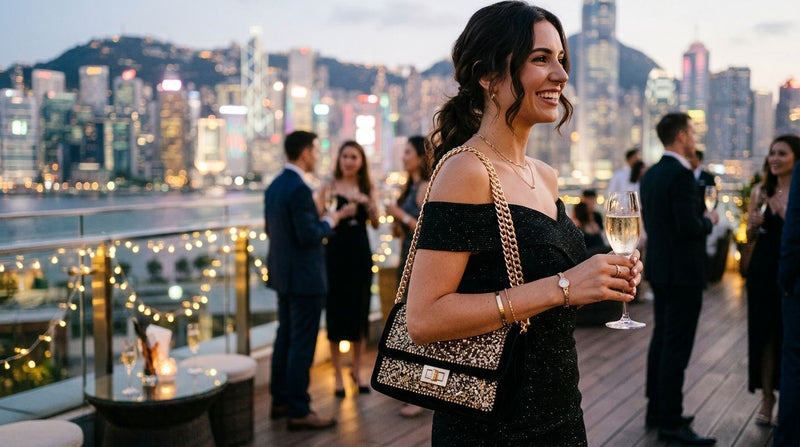 Chain-strap evening bags for a rooftop cocktail party