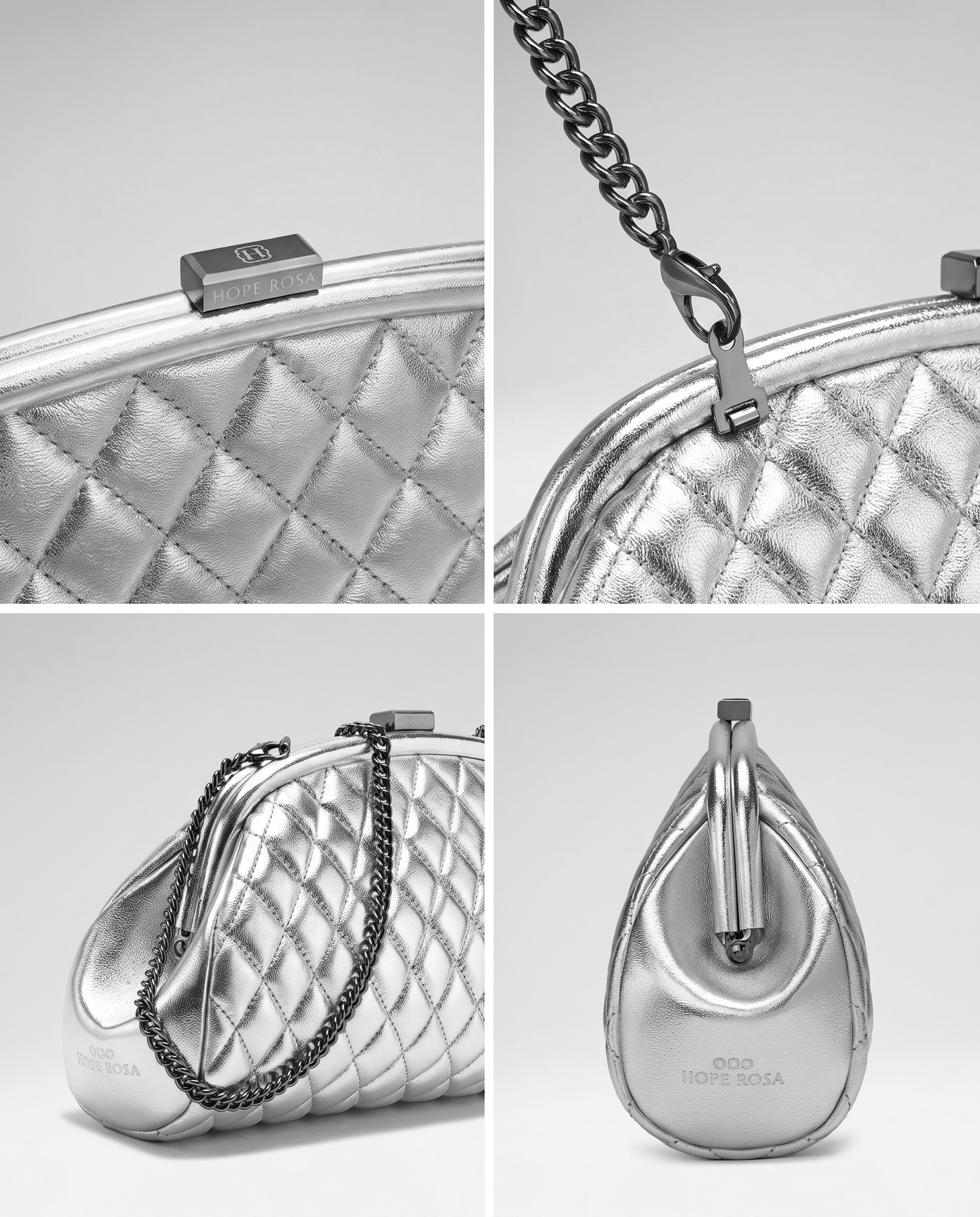 HOPE ROZA Lovers Clutch Silver Quilted Leather Clutch
