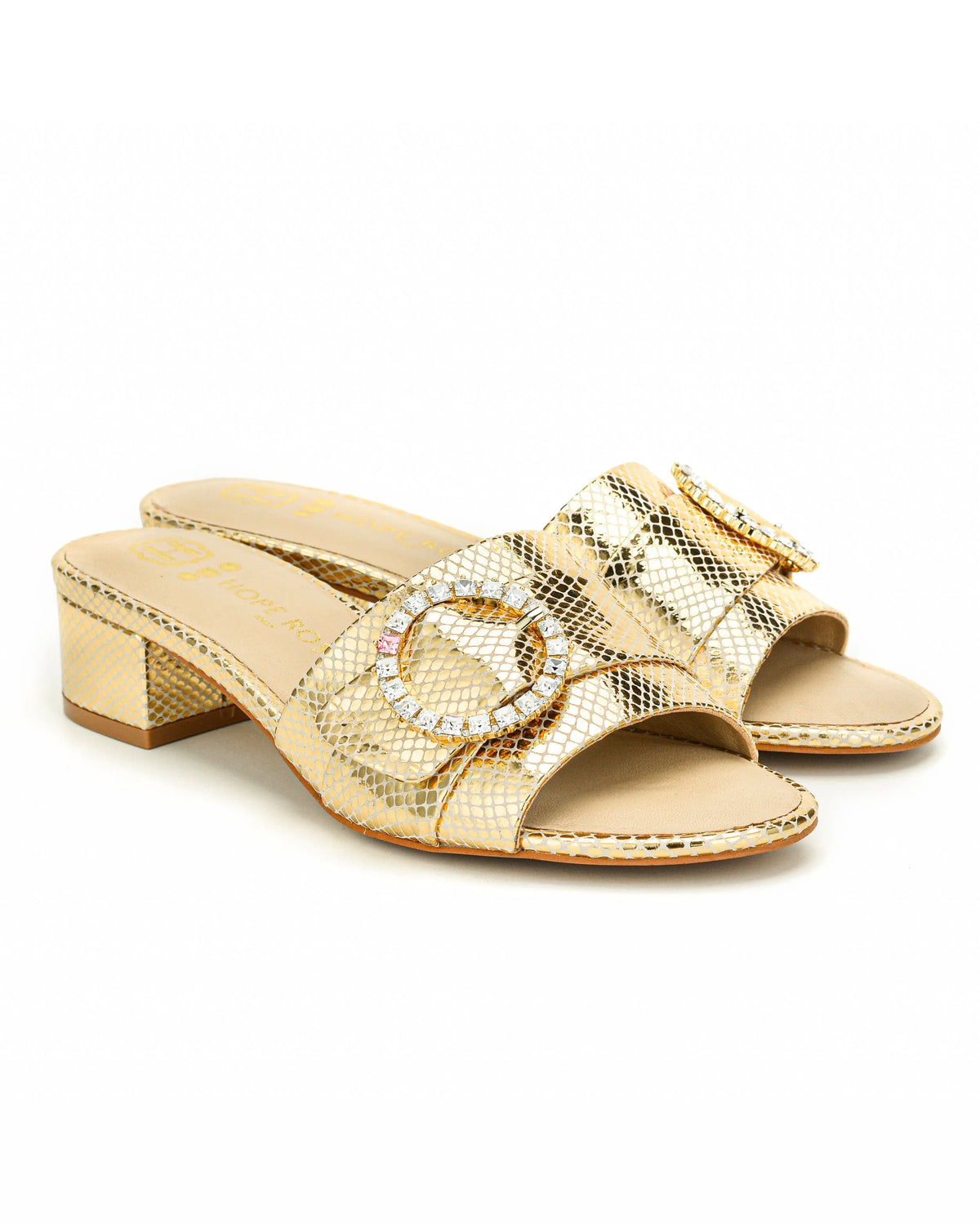 Goddess Gold Suede Crystal Buckle Slide Sandal