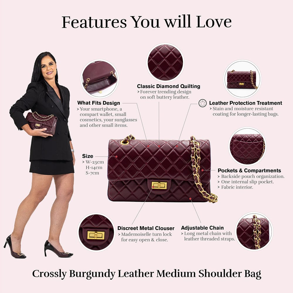 HOPE ROZA Bags Crossly Burgundy Leather Medium Shoulder Bag