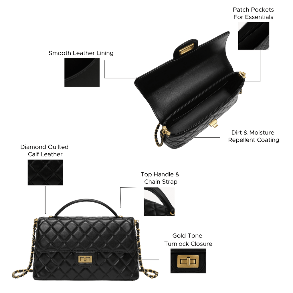 HOPE ROZA Bags Solace Quilted Calf Leather 2-Way Handbag & Crossbody (Black)