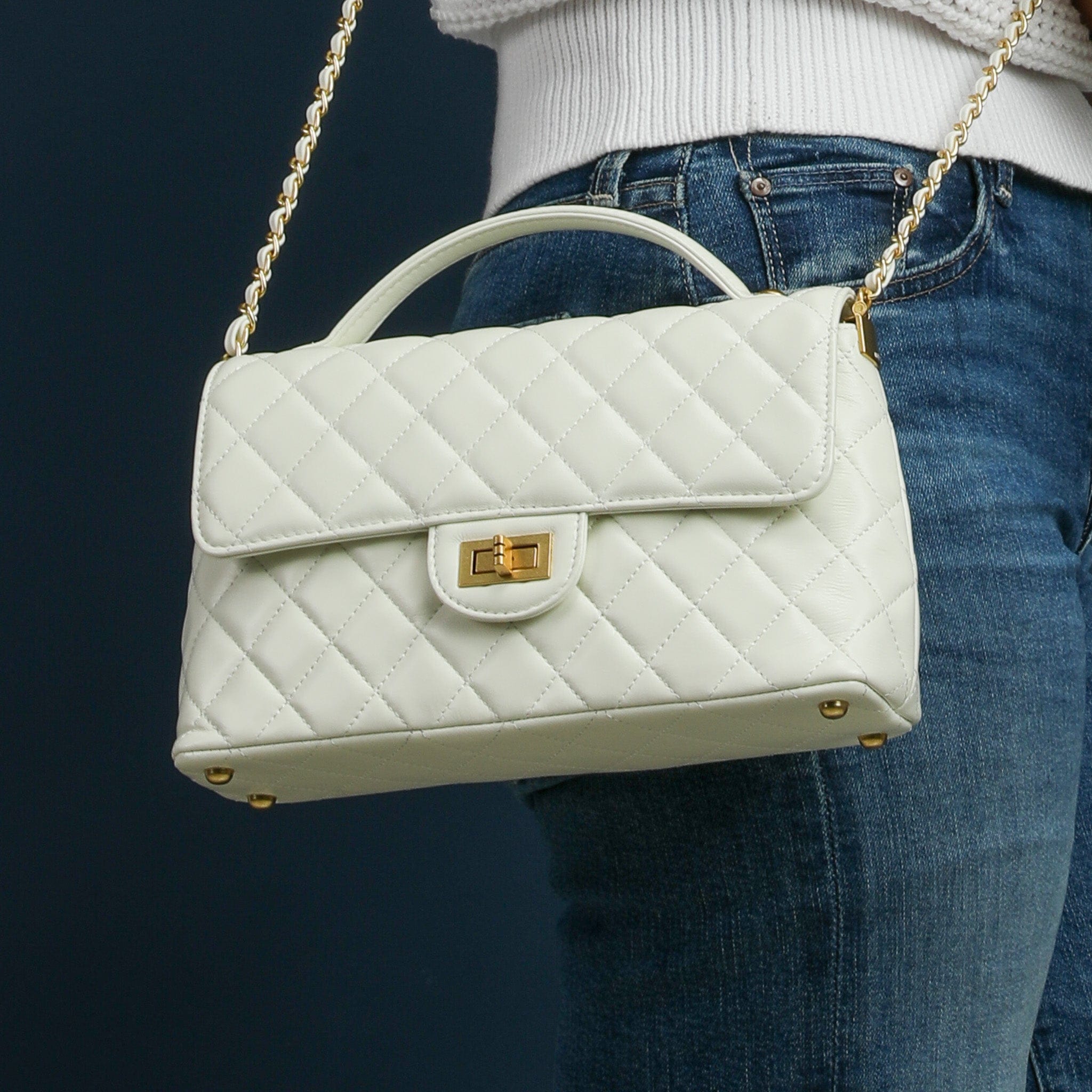 SOLACE Quilted Leather 2-Way Handbag & Crossbody Bag (White