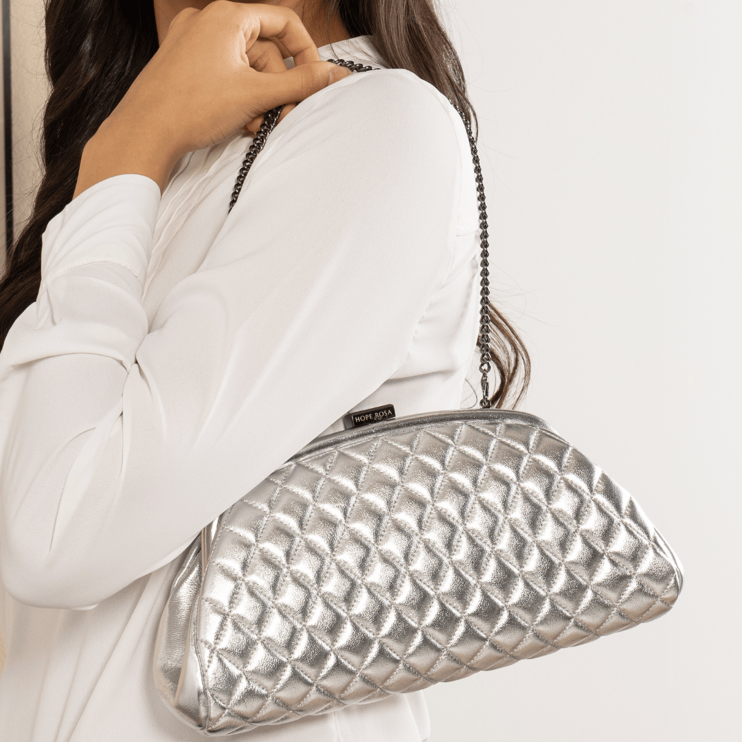HOPE ROZA Lovers Clutch Silver Quilted Leather Clutch