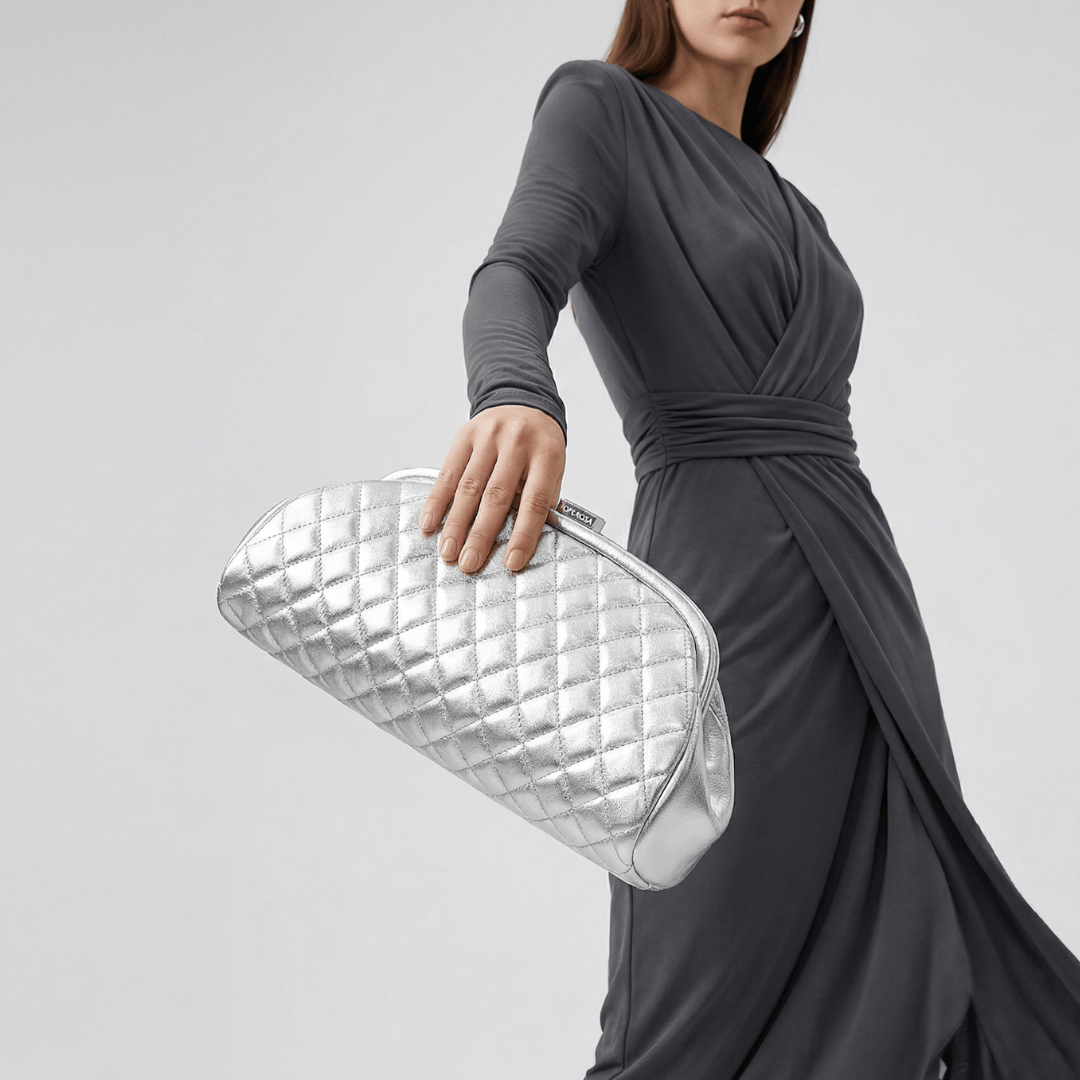 HOPE ROZA Lovers Clutch Silver Quilted Leather Clutch