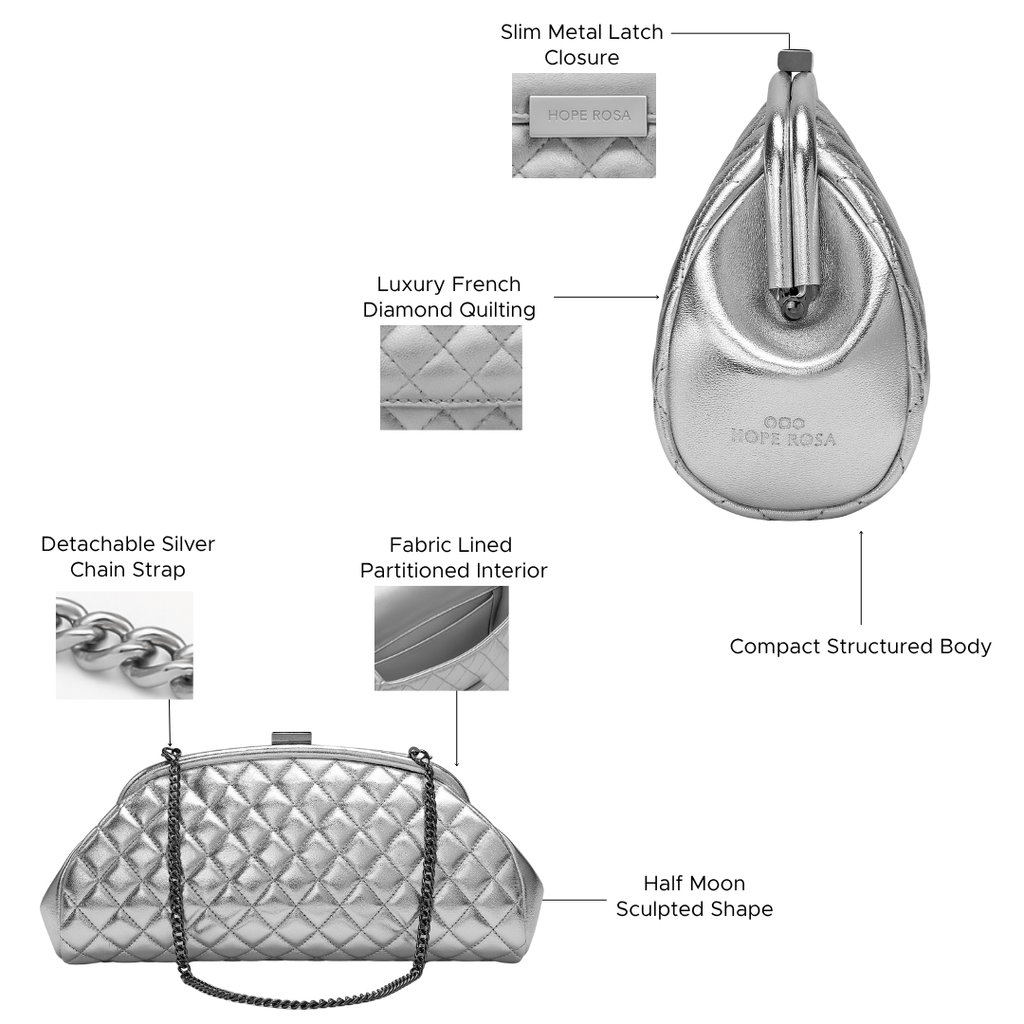 HOPE ROZA Clutches Lovers Clutch Silver Quilted Leather Clutch