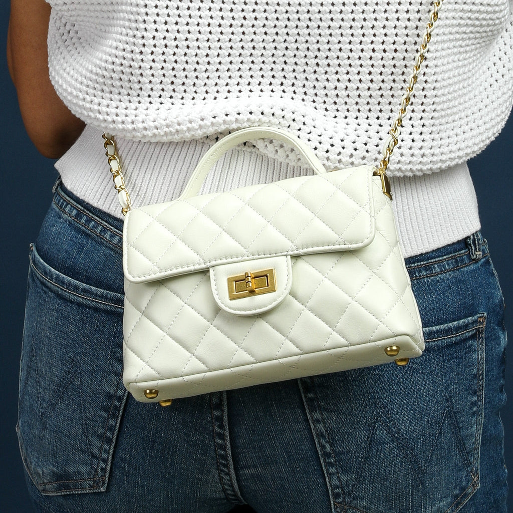 HOPE ROZA Crossbody Bags SOLACE Mini Quilted Leather Top Handle/Crossbody Bag (White)