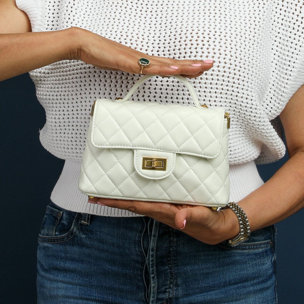 HOPE ROZA Crossbody Bags SOLACE Mini Quilted Leather Top Handle/Crossbody Bag (White)