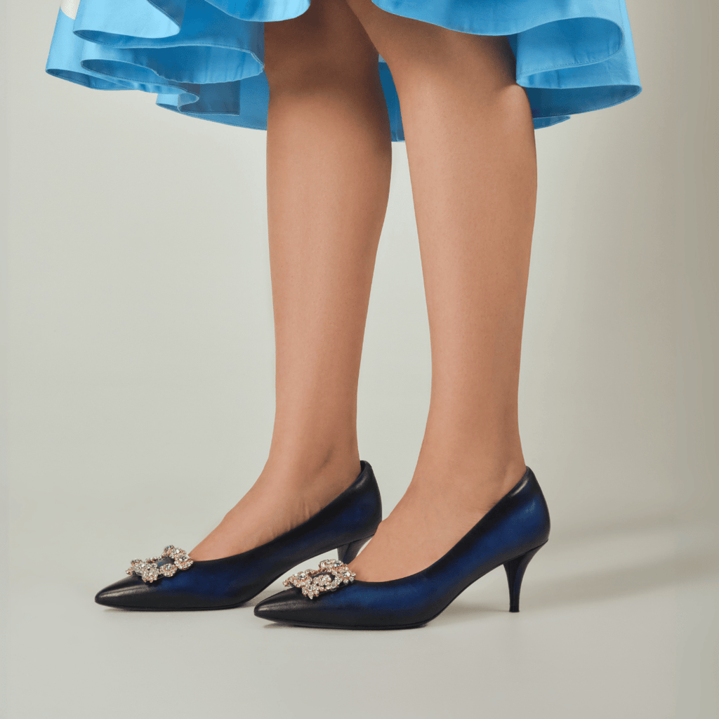 HOPE ROZA Kitten Heels Marylyn Hand-Painted Blue Crystal Kitten Heel Pump