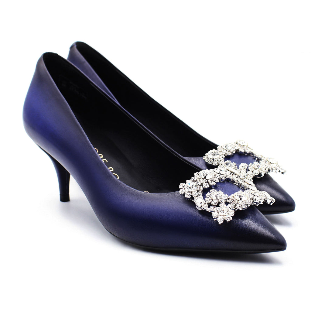 HOPE ROZA Kitten Heels Marylyn Hand-Painted Blue Crystal Kitten Heel Pump