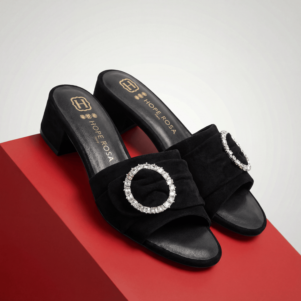HOPE ROZA Slides Goddess Black Suede Crystal Buckle Slide Sandal