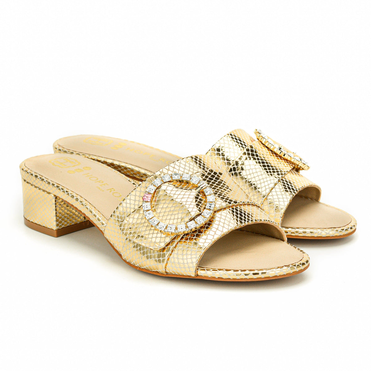 Goddess Gold Suede Crystal Buckle Slide Sandal