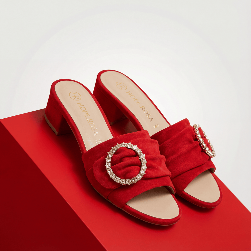 HOPE ROZA Slides Goddess Red Suede Crystal Buckle Slide Sandal
