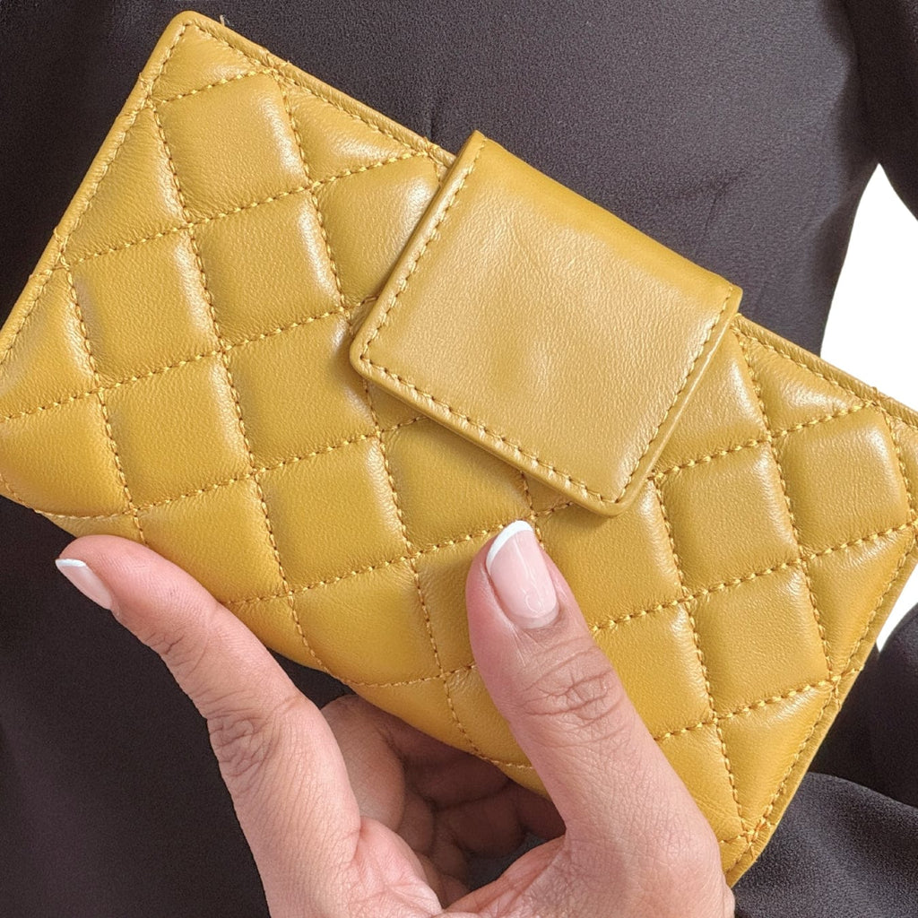 HOPE ROZA Wallet Vana Women's Mustard Yellow Quilted Leather Wallet | Luxury Bifold Clutch