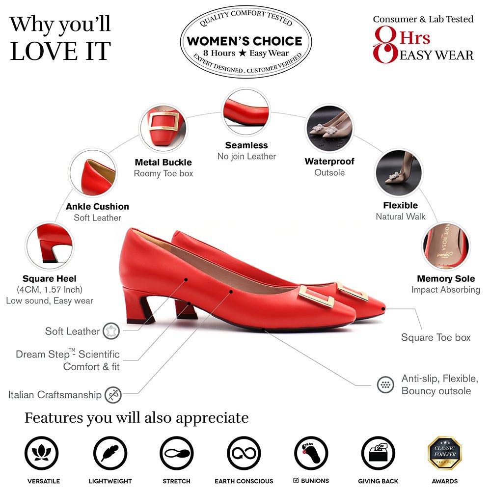 Dixie Red Gold Buckle Square Toe Pump Pumps- HOPE ROSA 34