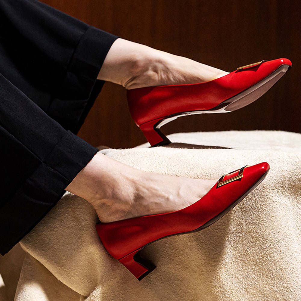 Dixie Red Gold Buckle Square Toe Pump Pumps- HOPE ROSA 34