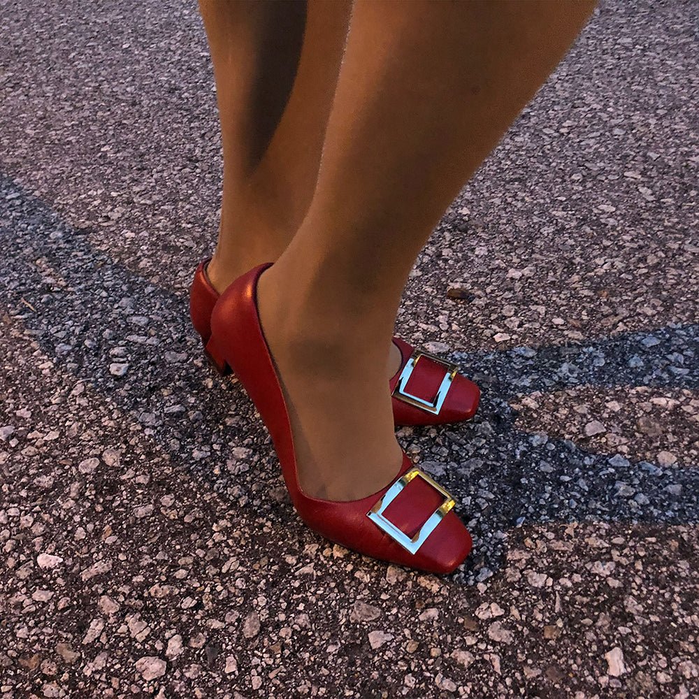 Dixie Red Gold Buckle Square Toe Pump Pumps- HOPE ROSA 34