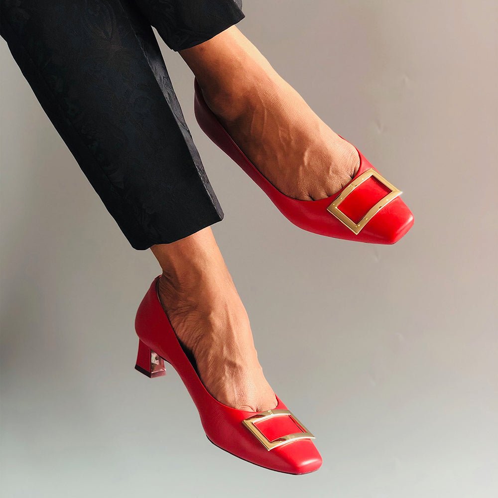 Dixie Gold Buckle Red Square Toe Heels for Women