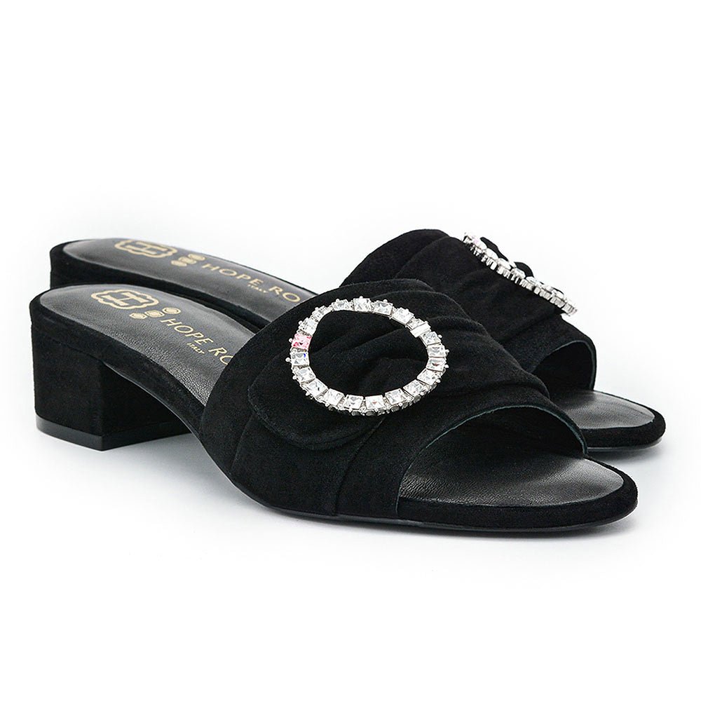 Goddess Black Suede Crystal Buckle Slide Sandal Slides- HOPE ROZA 34