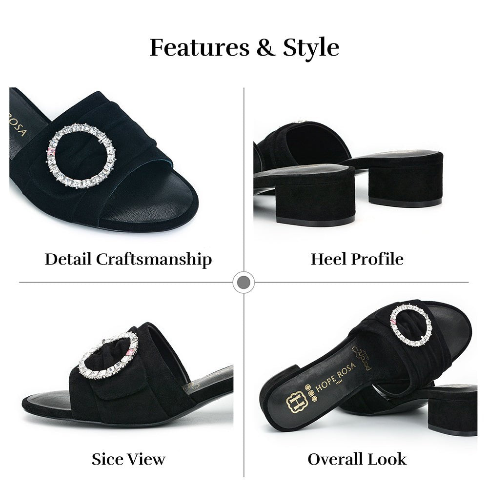Goddess Black Suede Crystal Buckle Slide Sandal Slides- HOPE ROZA 34
