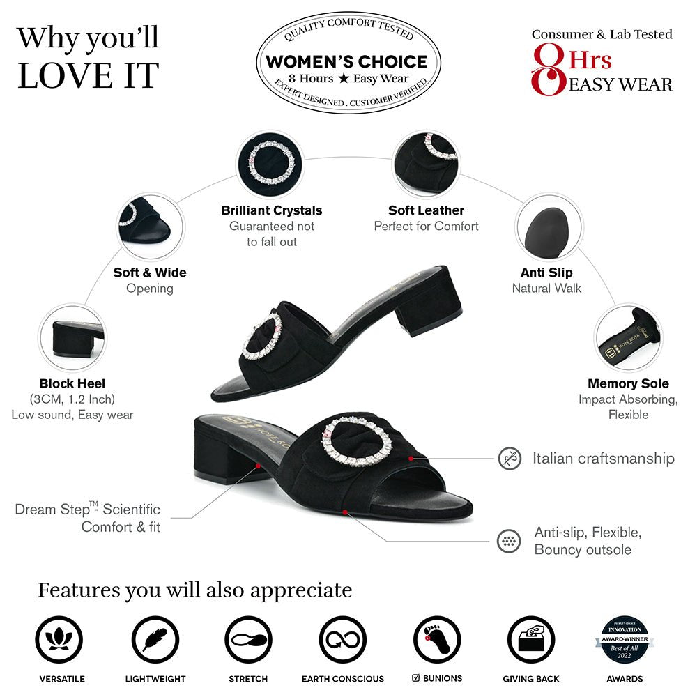Goddess Black Suede Crystal Buckle Slide Sandal Slides- HOPE ROZA 34