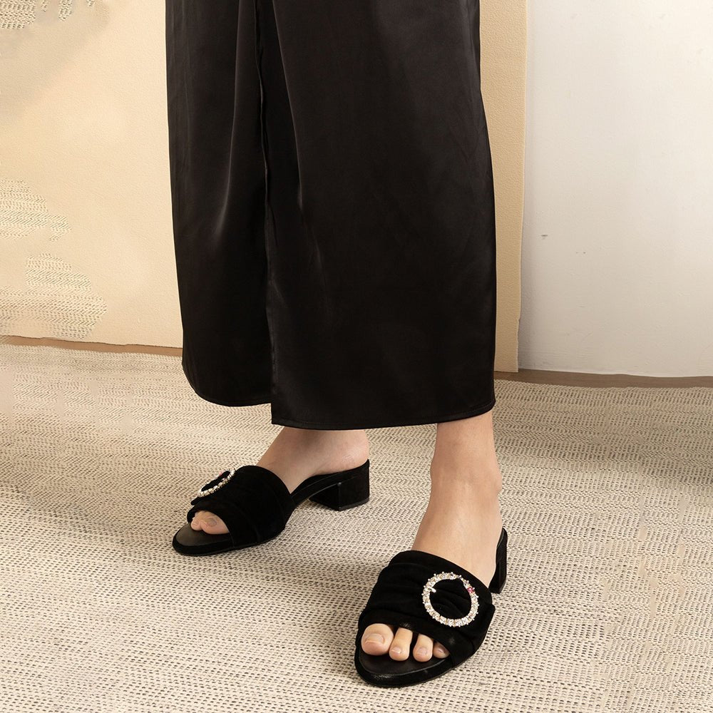 Goddess Black Suede Crystal Buckle Slide Sandal Slides- HOPE ROZA 34