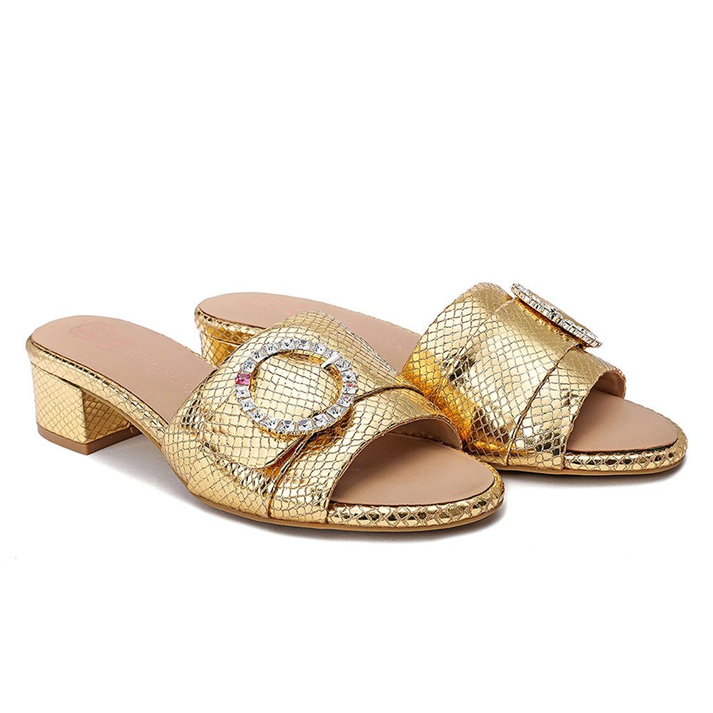 Goddess Gold Leather Sandals Crystal Buckle Slides- HOPE ROZA 34