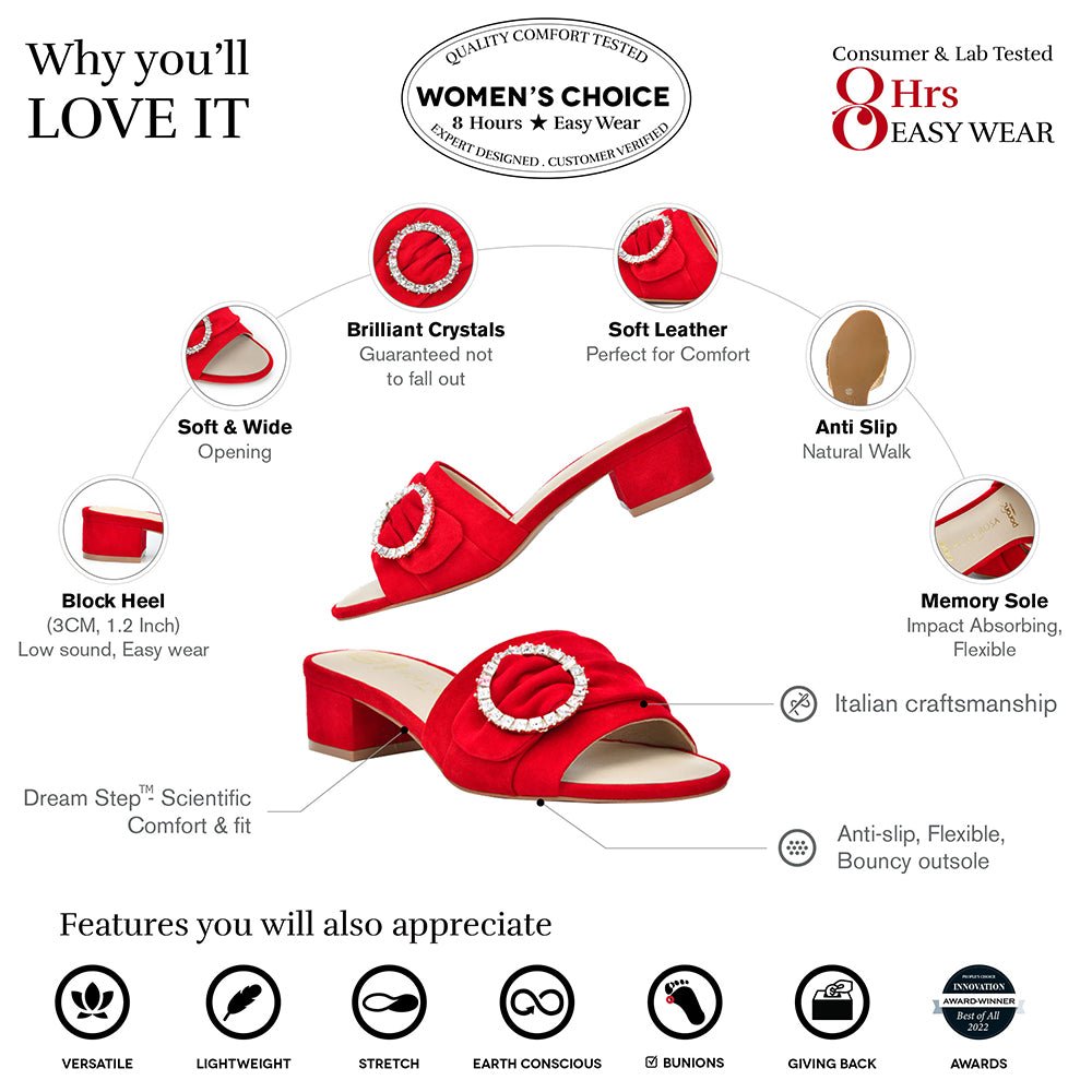 Goddess Red Suede Crystal Buckle Slide Sandal Slides- HOPE ROZA 34