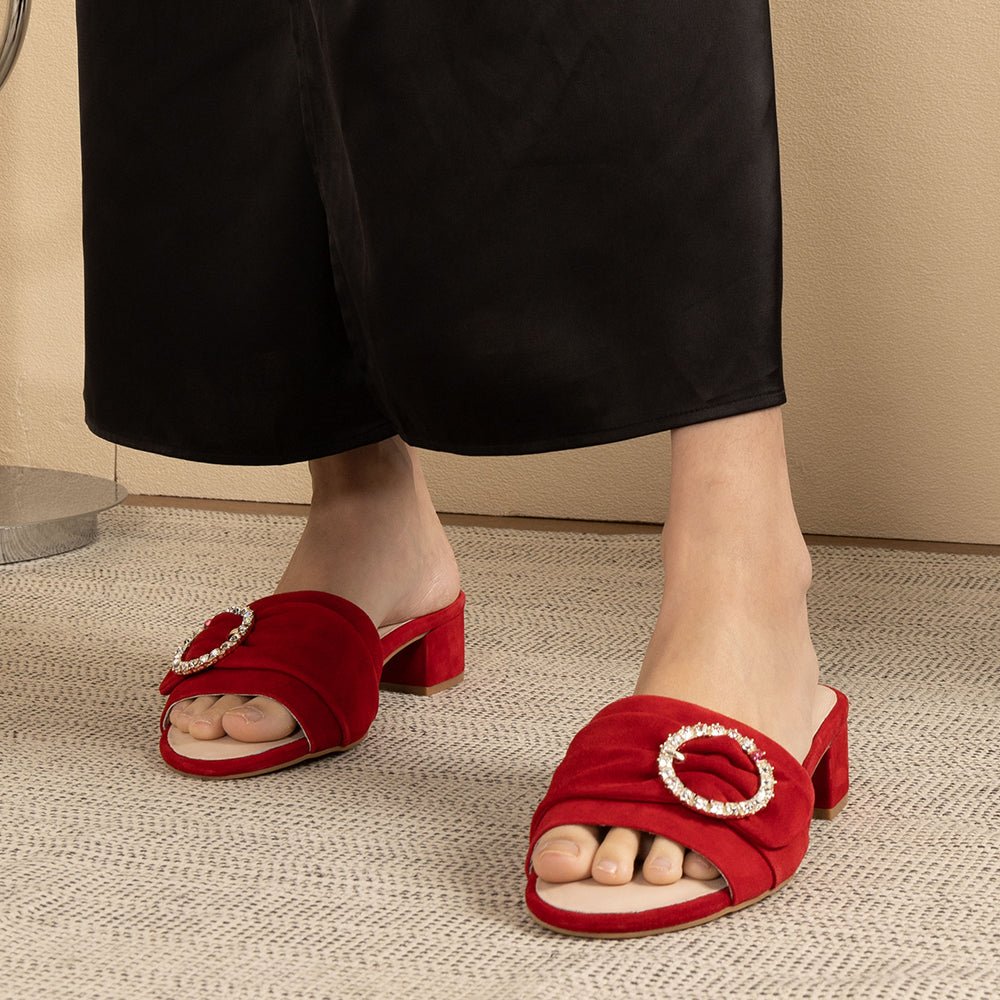 Goddess Red Suede Crystal Buckle Slide Sandal Slides- HOPE ROZA 34