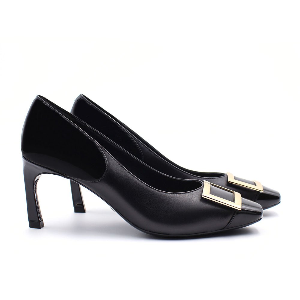 Grace Black Gold Buckle Square Toe Pump Pumps- HOPE ROSA 35