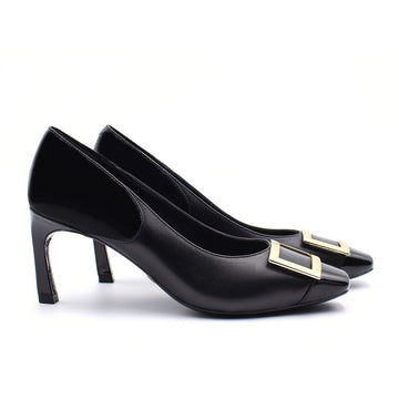 Grace Black Gold Buckle Square Toe Pump Pumps- HOPE ROZA 35