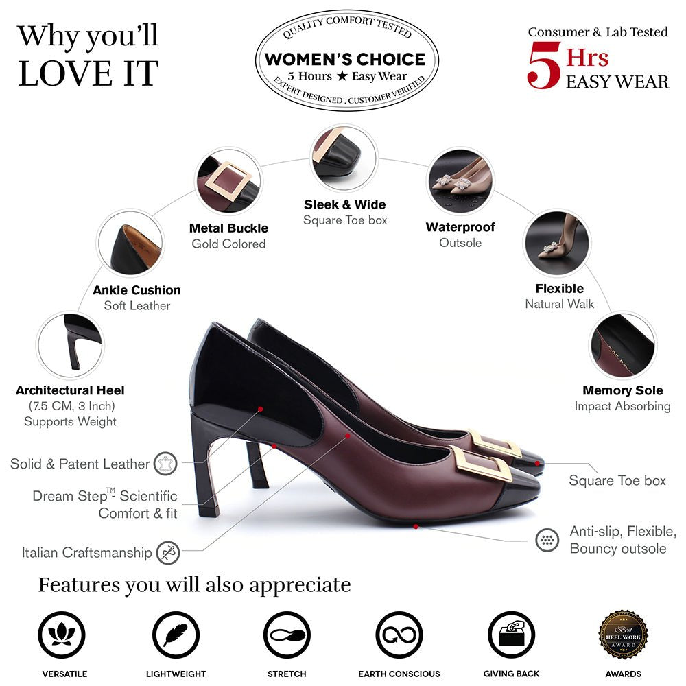 Grace Maroon Patent Gold Buckle Square Toe Pump Pumps- HOPE ROZA 35