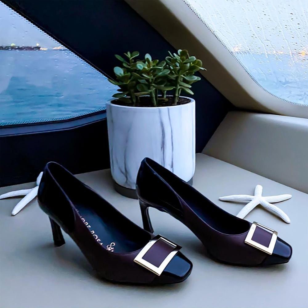 Grace Maroon Patent Gold Buckle Square Toe Pump Pumps- HOPE ROZA 35