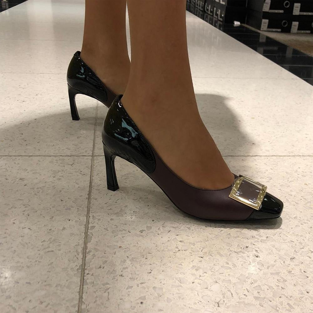 Grace Maroon Patent Gold Buckle Square Toe Pump Pumps- HOPE ROZA 35