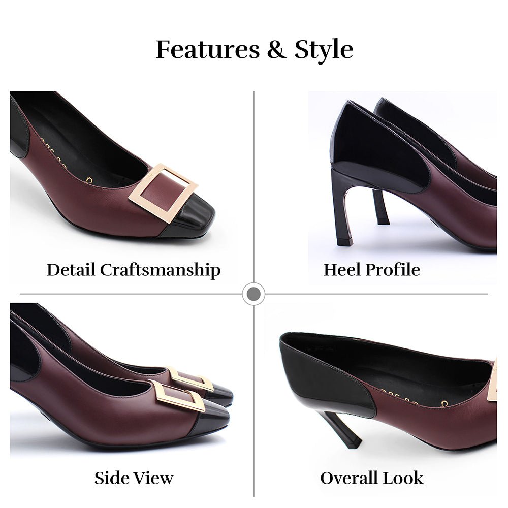 Grace Maroon Patent Gold Buckle Square Toe Pump Pumps- HOPE ROZA 35