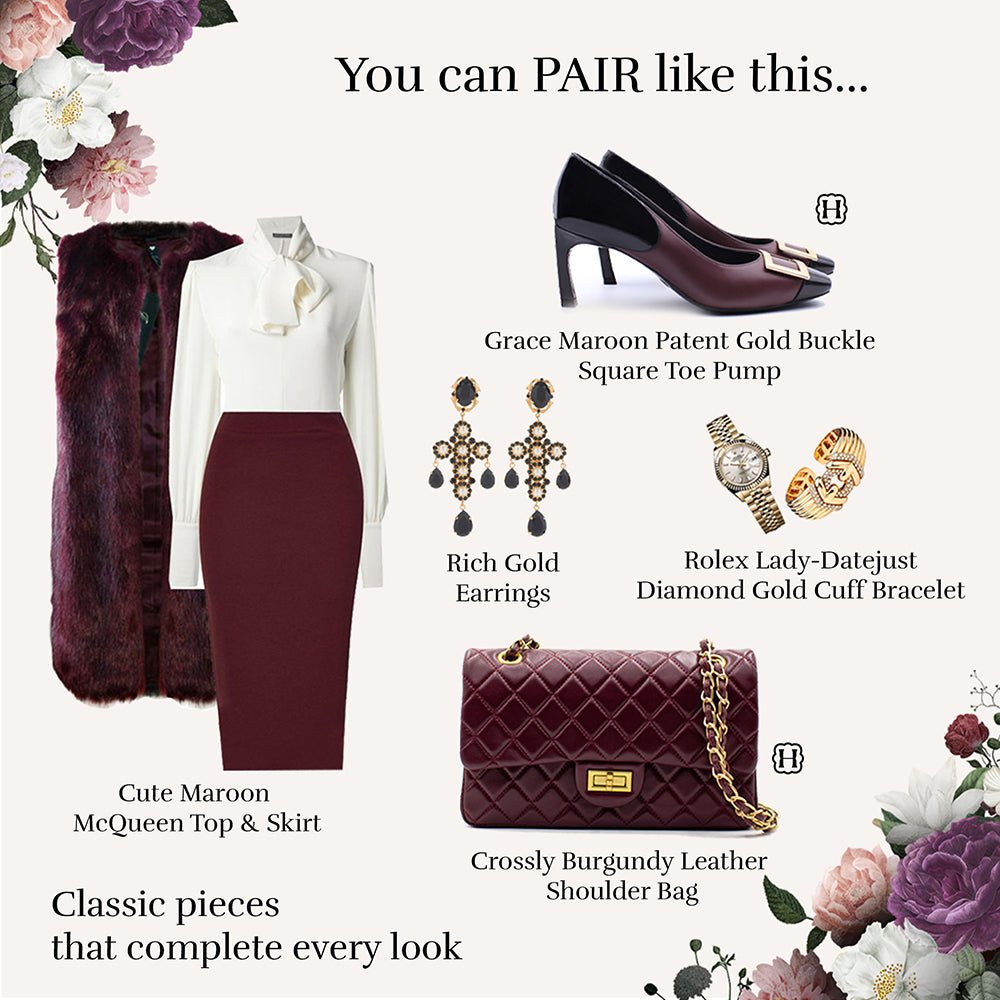 Grace Maroon Patent Gold Buckle Square Toe Pump Pumps- HOPE ROZA 35