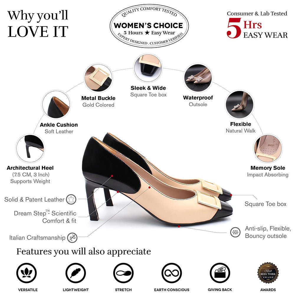 Grace Nude/Black Patent Gold Buckle Square Toe Pump Pumps- HOPE ROZA 35