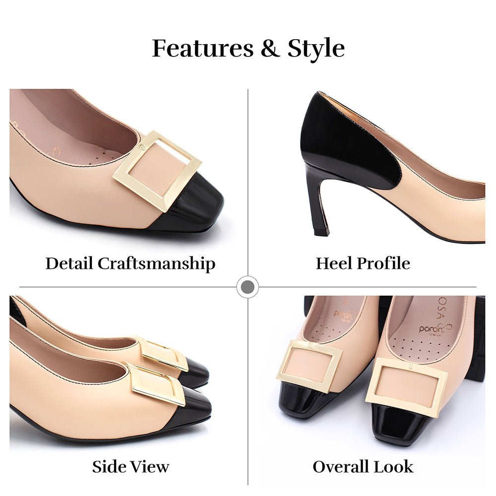 Grace Nude/Black Patent Gold Buckle Square Toe Pump Pumps- HOPE ROZA 35