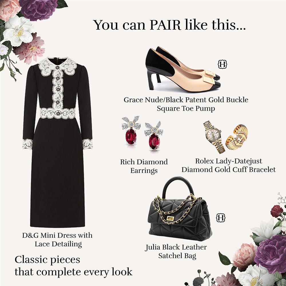 Grace Nude/Black Patent Gold Buckle Square Toe Pump Pumps- HOPE ROZA 35