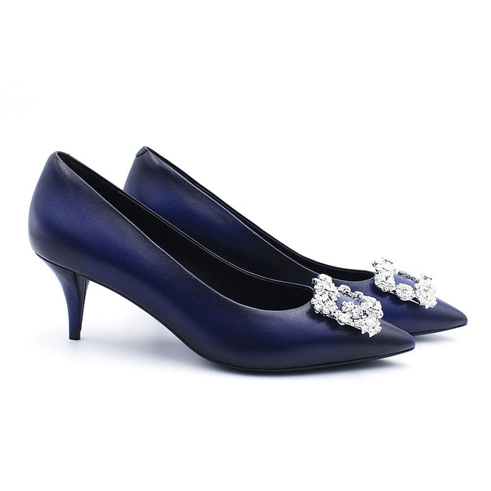 HOPE ROZA Kitten Heels Marylyn Hand-Painted Blue Crystal Kitten Heel Pump