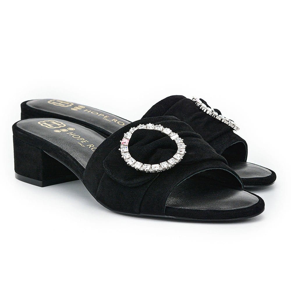 HOPE ROZA Slides Goddess Black Suede Crystal Buckle Slide Sandal