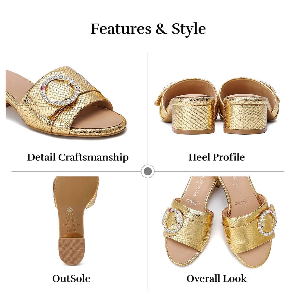 HOPE ROZA Slides Goddess Gold Leather Sandals Crystal Buckle