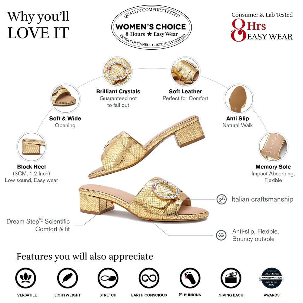 HOPE ROZA Slides Goddess Gold Leather Sandals Crystal Buckle