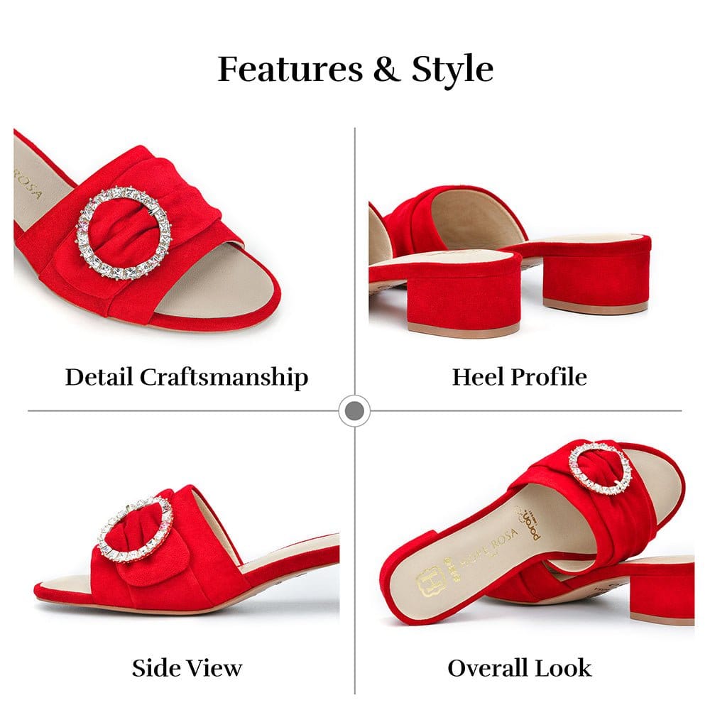 HOPE ROZA Slides Goddess Red Suede Crystal Buckle Slide Sandal