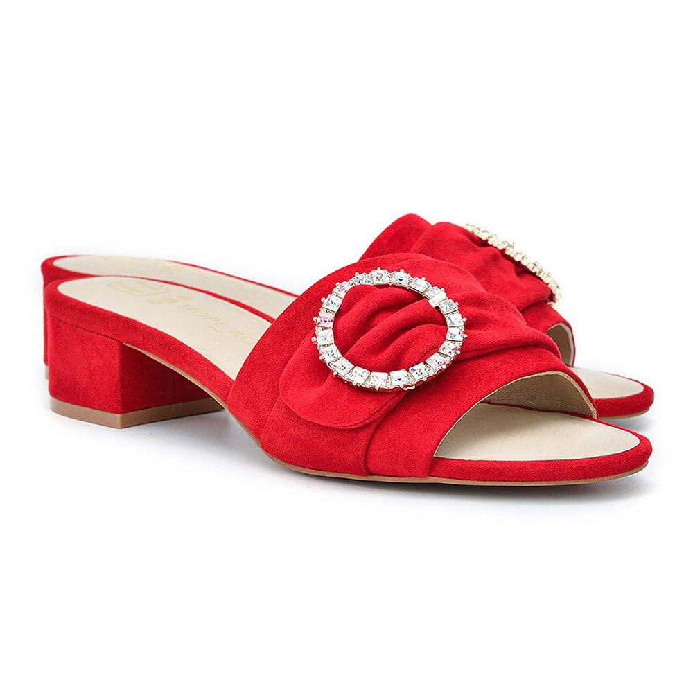 HOPE ROZA Slides Goddess Red Suede Crystal Buckle Slide Sandal