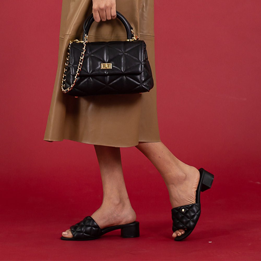 Venus Black Quilted Leather Slide Sandal Slides- HOPE ROSA 35