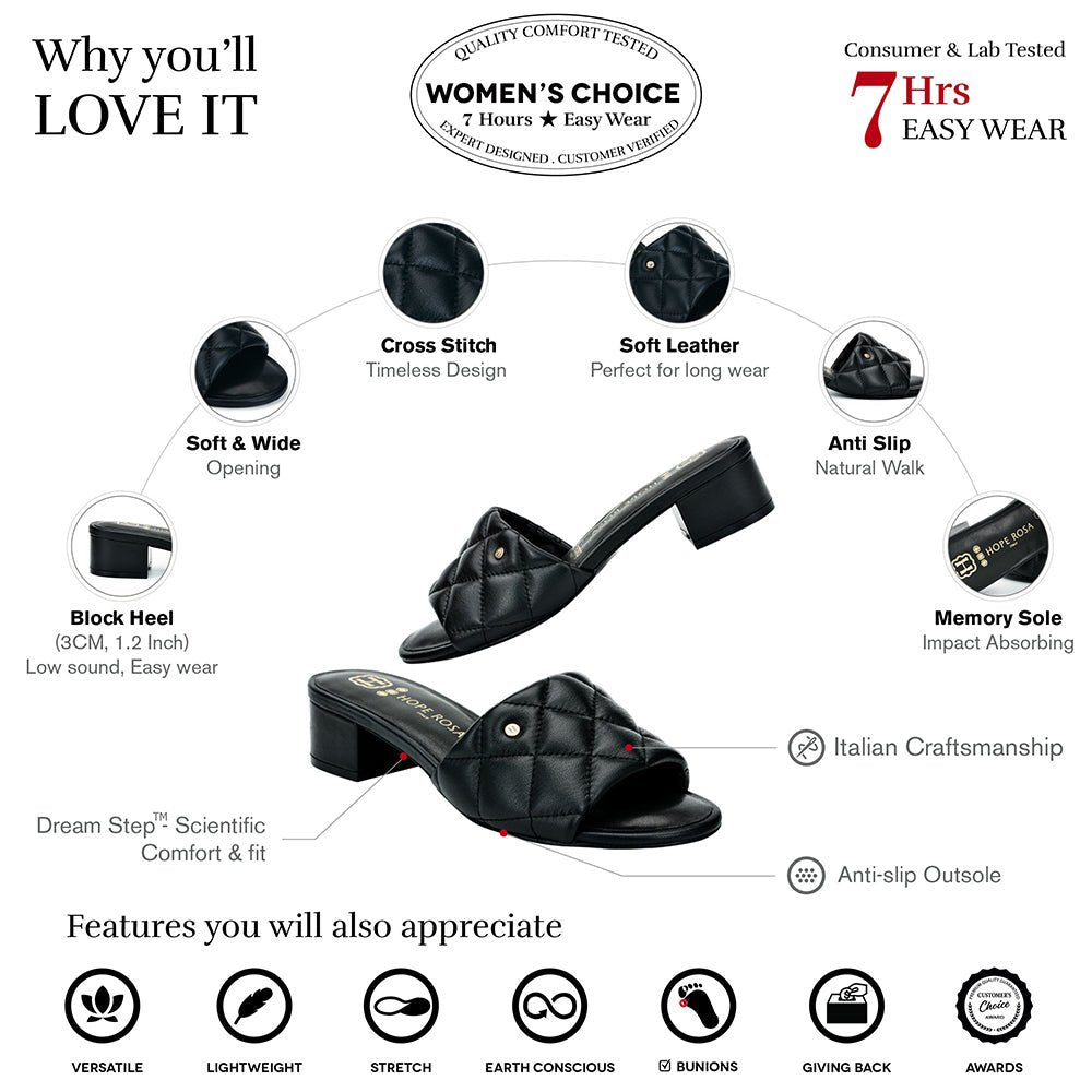 Venus Black Quilted Leather Slide Sandal Slides- HOPE ROSA 35