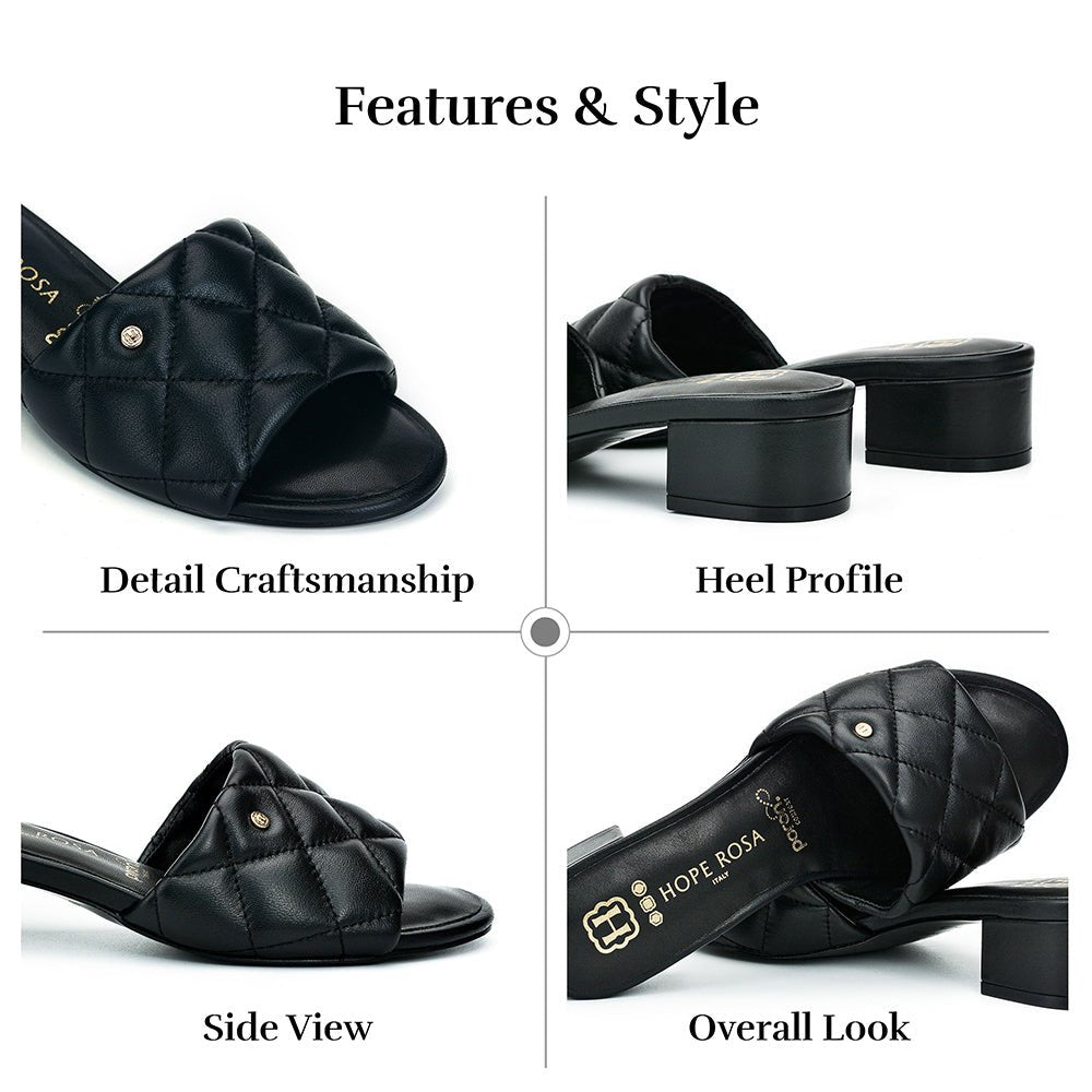 Venus Black Quilted Leather Slide Sandal Slides- HOPE ROZA 35